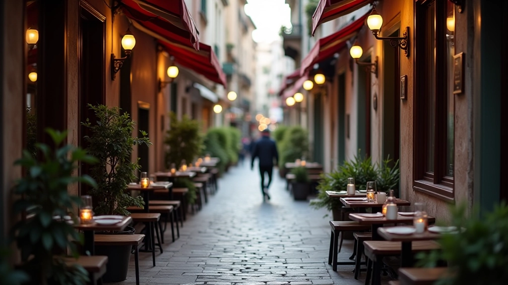 Cihangir'in dar, yapı taşlı sokağında bir kahvaltı mekanının kapısı ve açık hava seating alanı