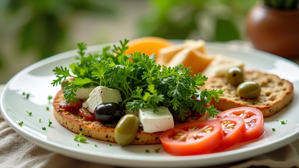 Taze bahar otları, yeşil roka ve maydanozla hazırlanmış kahvaltı tabağı, açık havada doğal ışıkta çekilmiş fotoğraf
