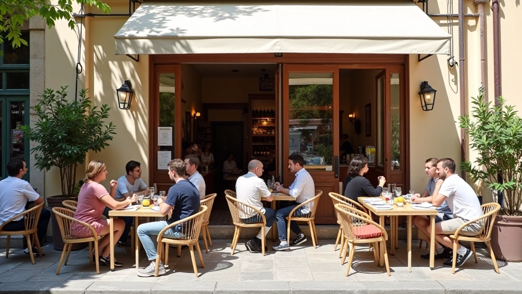 İstanbul Cihangir semtinde taş binalar arasında pastel rengi bir kafesin dış mekanı, hafta sonu kahvaltısını yaşlı bir çift yapıyor