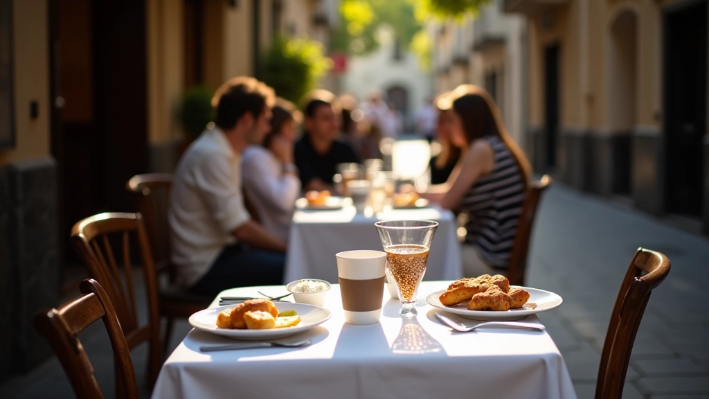 Kadıköy'ün dar bir sokağında açık havada, beyaz tablalı kahvaltı masası, dışarıda oturan müşteriler, sabah güneşi, tipik İstanbul sokak görünümü
