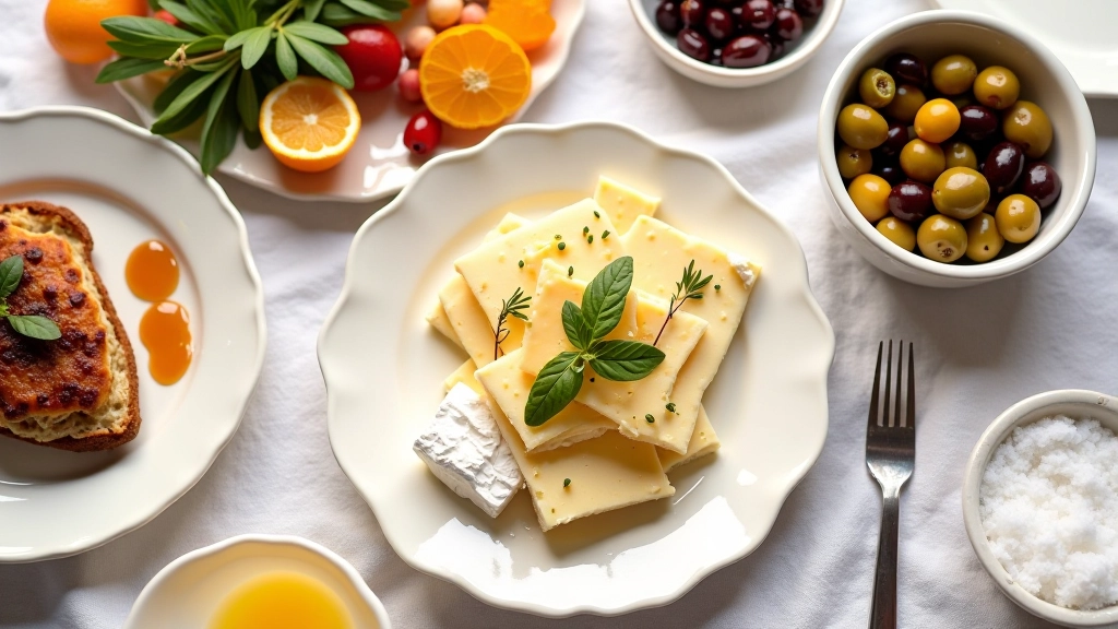 Beyaz bir masanın üzerine açılı vaziyette çeşitli seramik tabaklar, her birinde farklı peynir ve zeytin çeşitleri, üstten çekilmiş fotoğraf