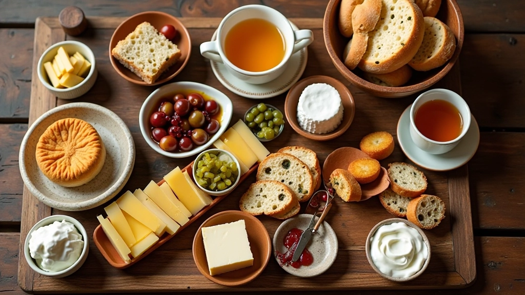 Krem rengi örtülü ahşap masada çeşitli küçük kaseler içinde peynir, zeytin, turşu, bal, kaymak, reçel ve taze ekmek