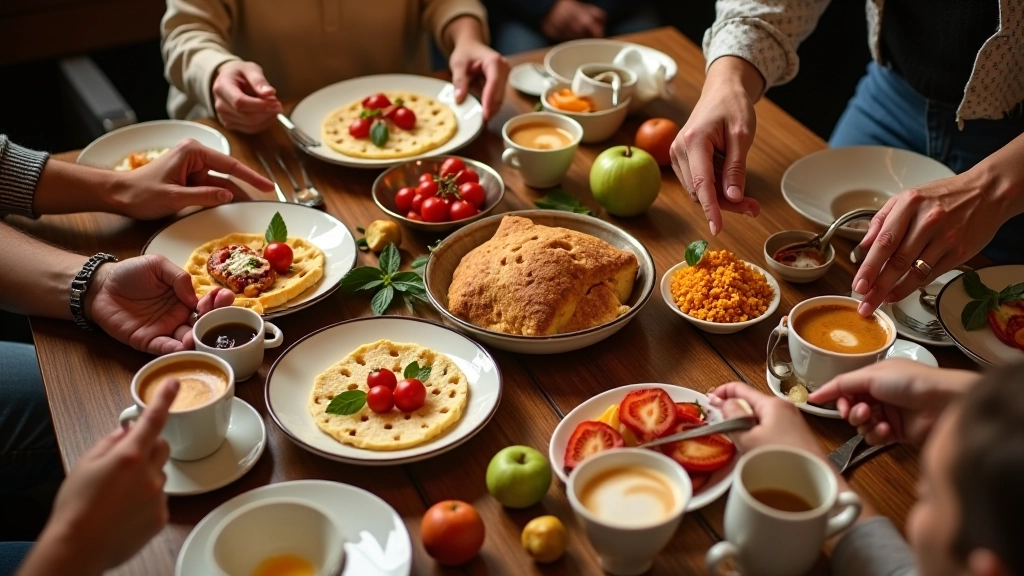 Aile bireylerinin kahvaltı masasında birlikte yemek yemesi
