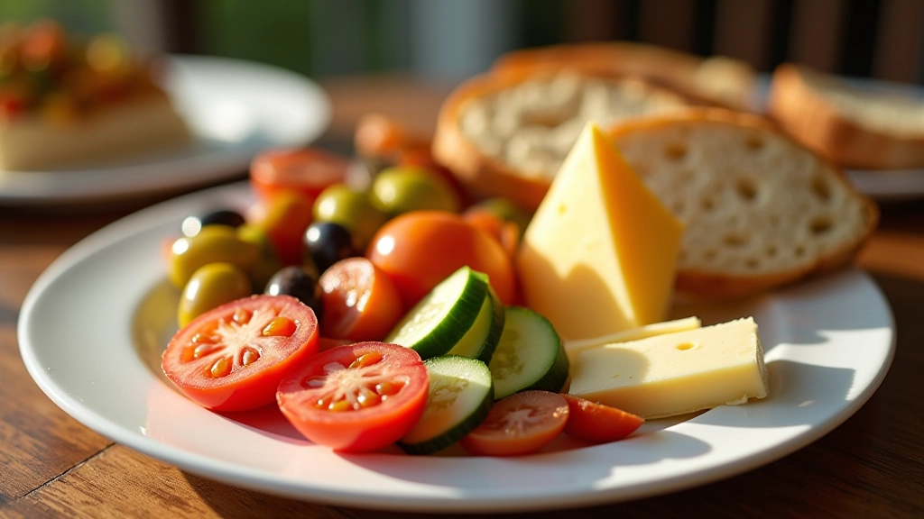 Beyaz porselen tabakta organize edilmiş peynir, zeytin, domates, salatalık ve taze ekmek dilim