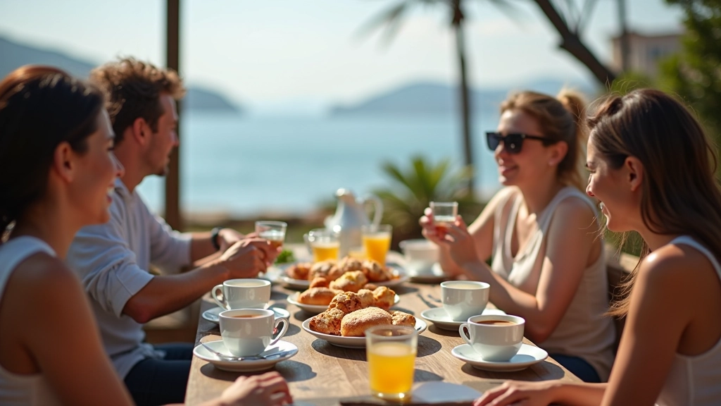 Kadıköy'de deniz manzarasına karşı kahvaltı yapan müşteriler, sabah güneşi ve açık hava masaları