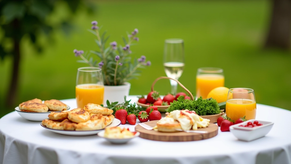 Bahar mevsiminde taze otlar, yaz mevsiminde çilekler ve meyveler ile süslenmiş kahvaltı sunumu