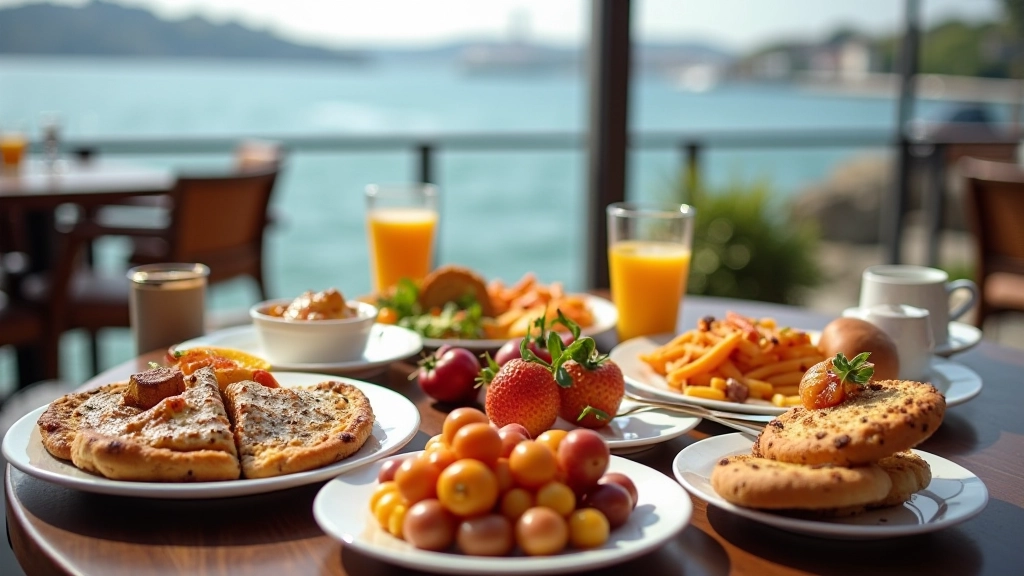 Beşiktaş'taki boğaz manzaralı kahvaltı mekanında sunulan serpme kahvaltı tablosu