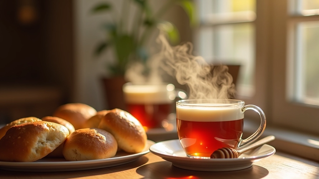 Kahverengi ahşap masada sütlü çay bardağı, kaymak, bal ve taze kızarmış ekmek