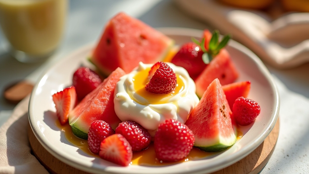 Karpuz, çilek ve frambuaz dilimlerinin yanında yoğun, bal ve fındık ezmesiyle sunulan yaz kahvaltısı, serinletici ve rengarenk görünüm