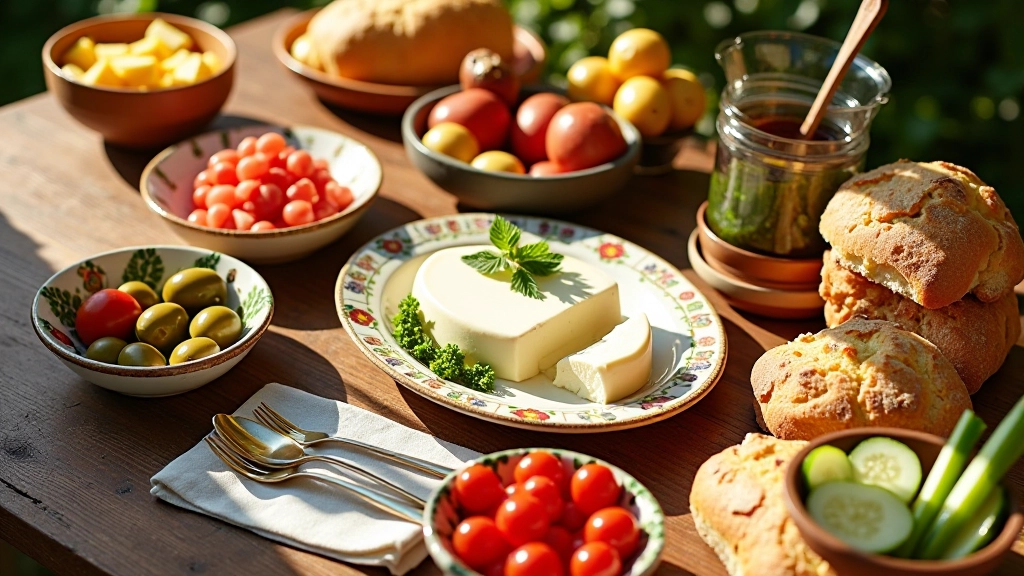 Renkli seramik tabakların üzerinde peynir, zeytin, domates, salatalık ve taze ekmek