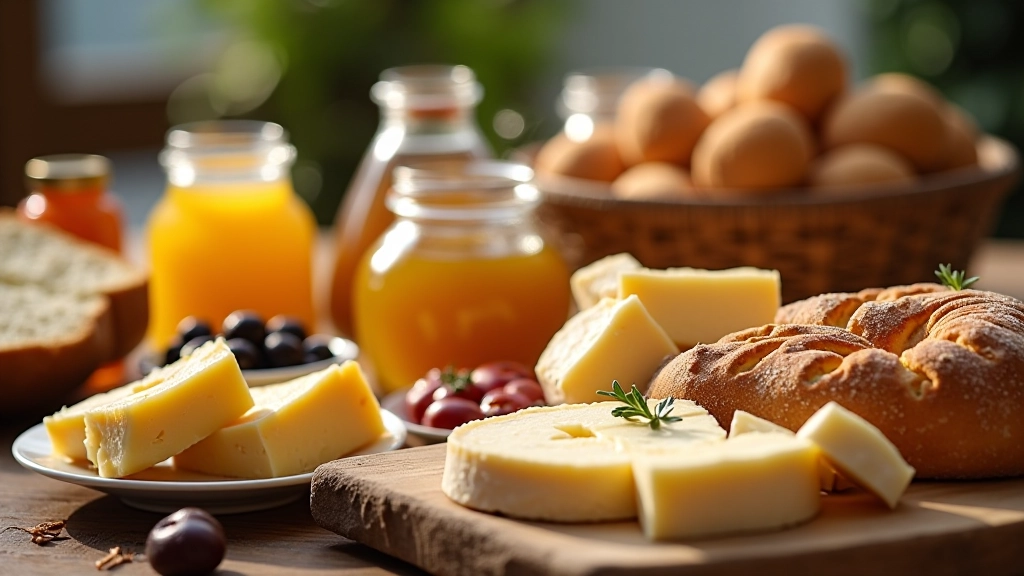 Ahşap bir masanın üzerine dizilmiş çeşitli peynirler, çörek otu, ceviz ve bal kavanozları, sabah güneşinde