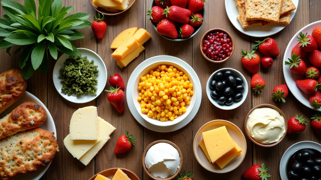 Profesyonel bir kahvaltı masası, serpme stilde düzenlenmiş, çeşitli peynir çeşitleri, zeytinler ve meyve karışımı, dekoratif bir sunuş, masa sanatı